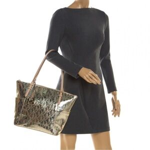 Michael Michael Kors Gold Signature Patent Leather Jet Set Top Zip Tote NWOT